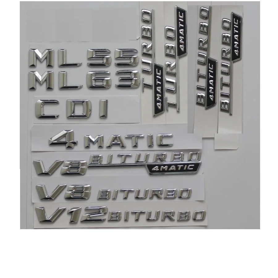 

3D Chrome Letters Trunk Fender Badges For Mercedes Benz ML55 ML63 ML65 AMG Emblem V8 BITURBO TURBO 4MATIC Emblems
