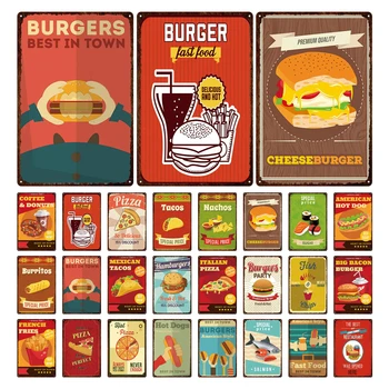 

Fast Food Fries Burger Pizza Metal Painting Bright Background Retro Tin Sign Restaurant Anti-Fading Decorative Iron Painting