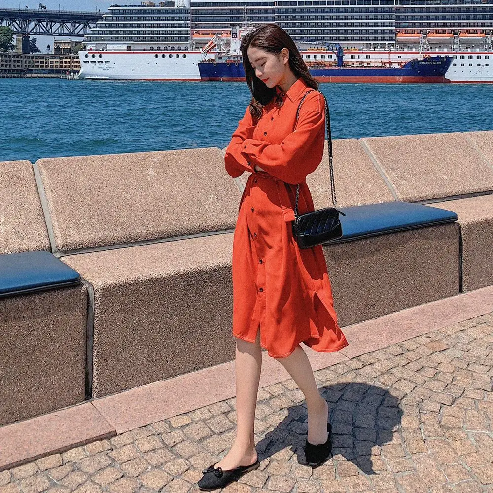 

Photo Shoot 2019 Spring New Style Korean-style WOMEN'S Wear Retro Laziness CHIC-Style Decorative Open-line Shirt Skirt Dress