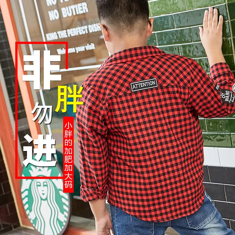 Fat Men Children Shirt Spring And Autumn Shirt Long Sleeve Red Lattice Cotton Plus-sized Increase the Fat Kids Childrenswea