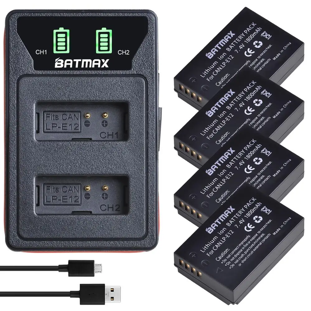 Batmax Lp-E12 Lpe12 Li-Ion Battery + New Led Usb Caricatore Doppio Con Il Tipo C Porta Per Canon Eos M50, Eos M100,100D Bacio X7 Rebel Sl1