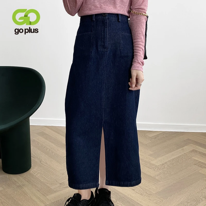 

GOPLUS Winter Women's Denim Skirts Korean Style Vintage Black A-line High Waist Mid Calf Skirts Womans Mujer Faldas Saias Mulher