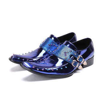 

Surface NEW STYLE Bright blue party shoes slip-on Rivets Double buckle oxfords fashion square toe Business casual dress shoes