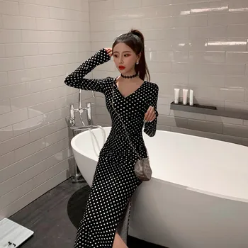 

Real shot 2019 new fashion V-neck sexy split cross point slimming dress