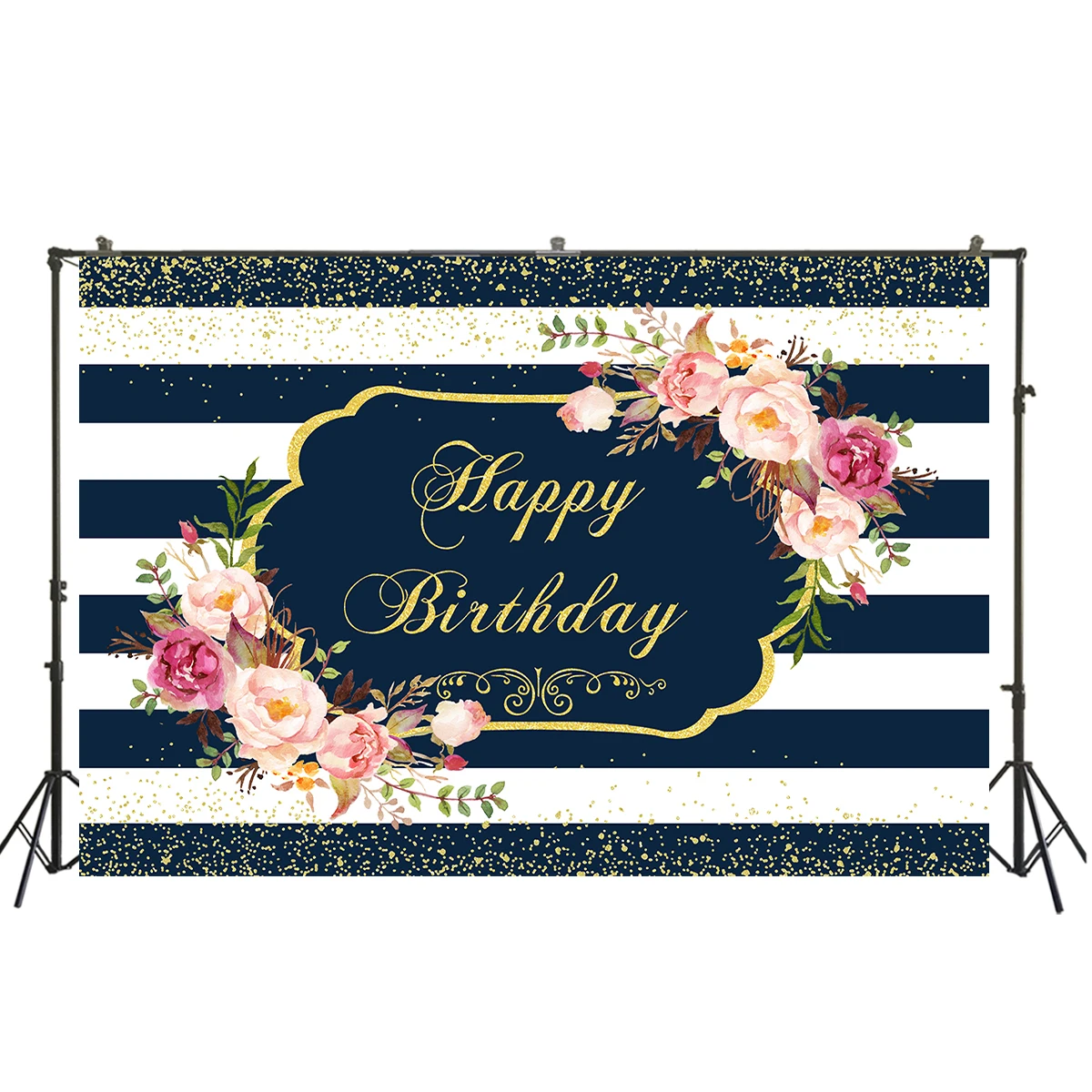 Birthday Party Backdrop White And Navy Striped Floral Frame Photocall Booth Background Gold Dusts Photoshoot Female Portrait | Электроника