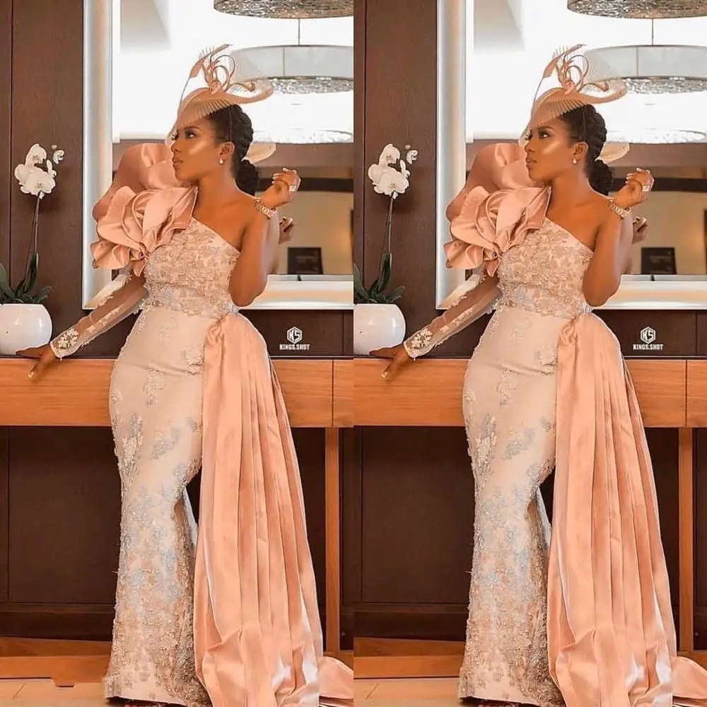 Арабское Aso Ebi кружевное Расшитое бисером сексуальное вечернее платье на одно плечо, платье русалки для выпускного вечера, недорогое вечернее платье - Цвет: same as picture