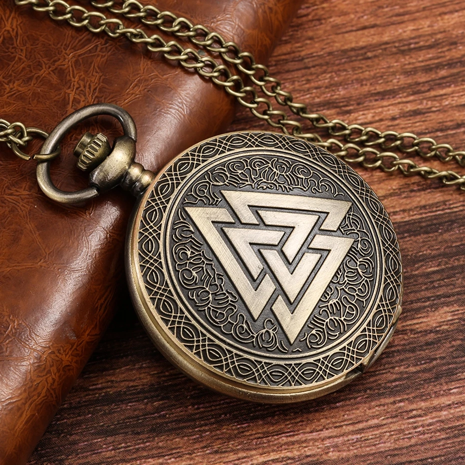 청동 빈티지 삼각형 Valknut 노르웨이 바이킹 석영 포켓 시계 목걸이 체인, 세 개의 연동 신화 아날로그 고리 시계