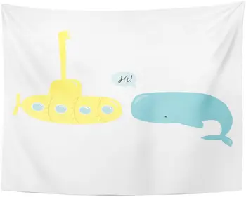 

Tapestry Baby Funny Yellow Submarine with The Periscope and Cute Blue Whale in Flat Design Bathyscaphe Big Tapestries Wall