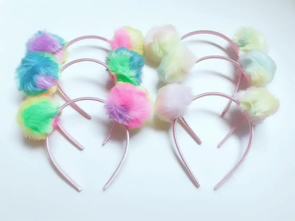 

Boutique 10pcs Fashion Cute Fur Pom Pom Hairbands Gradient Rainbow Color Animal Ears Hair Sticks Princess Party Hair Accessories