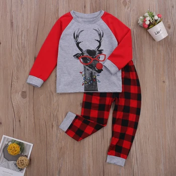 価格 男の子クリスマスツーピース服セット、ホームウェア鹿プリントプルオーバー + チェック柄ロングパンツ、赤/黒
