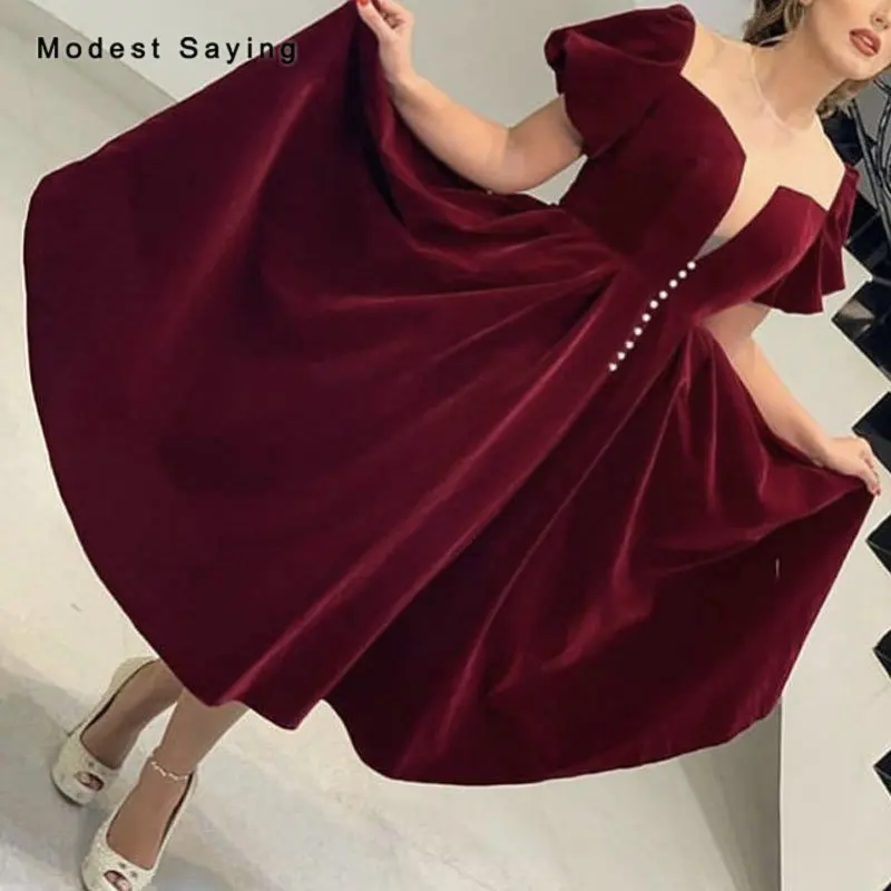 

Vintage Wine Red A-Line O Neck Velour Evening Dresses 2019 with Buttons Zipper Up Short Sleeves Party Prom Gowns robe de soiree