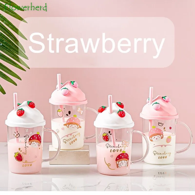 Kawaii Strawberry Peach Glass Cup For Coffee Water Juice Milk Tea Creative  Fruit Portable Glass Cups With Lid Straw Scale Handle - AliExpress