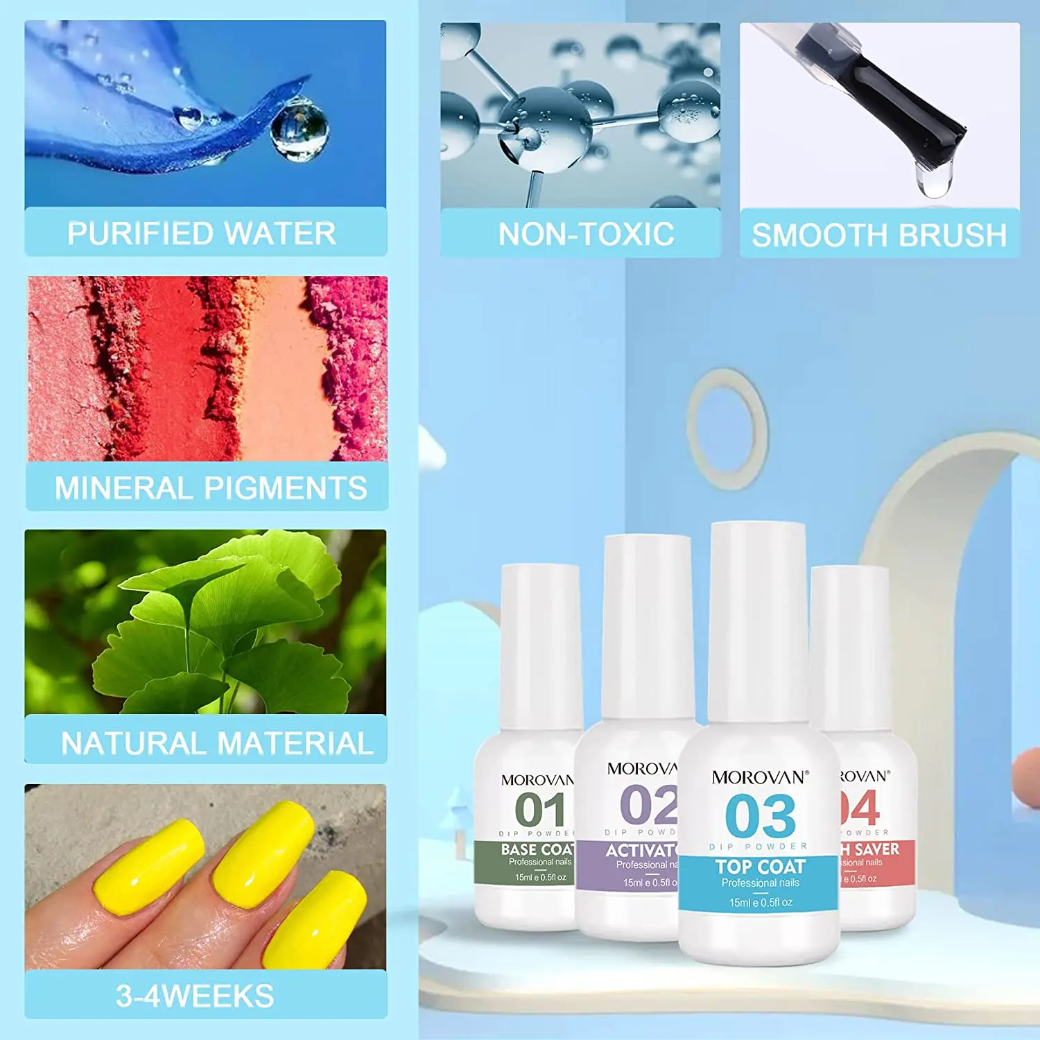 Nail Art Set Dip Powder Liquid Set with Activator Base Top Coat and Dipping Powder Brush Saver 4pcs 0.5oz for Dip Nail Kit