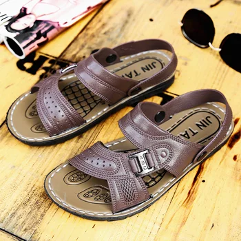 

Pu Leather Summer Beach Outdoor Walking Shoes For Men Ankle-Wrap Non-Slip Inside Home Flip Flops Sandalias Homem