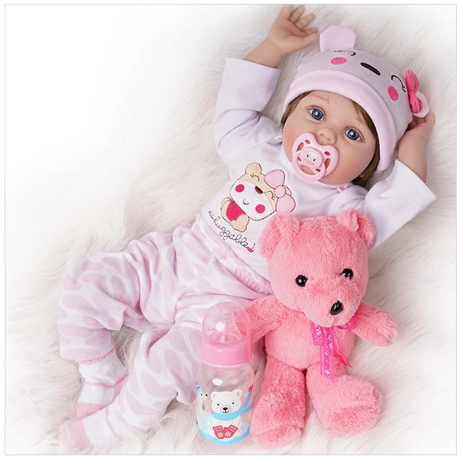 55 см Reborn Baby куклы девочка новорожденная игрушка силиконовый винил розовый наряд с игрушкой медведь