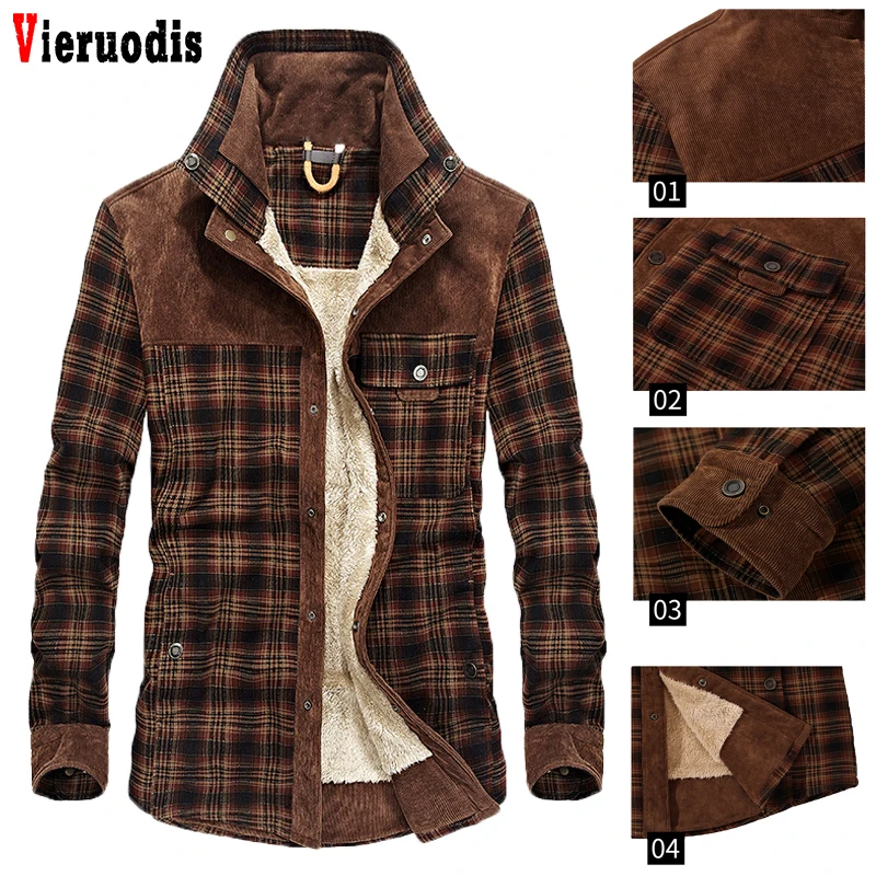 

spring Winter Male Plaid Corduroy Shirts Military Shirt Handwork Camisa denim Men Wool Fleece Thick Warm Men Casual Shirts
