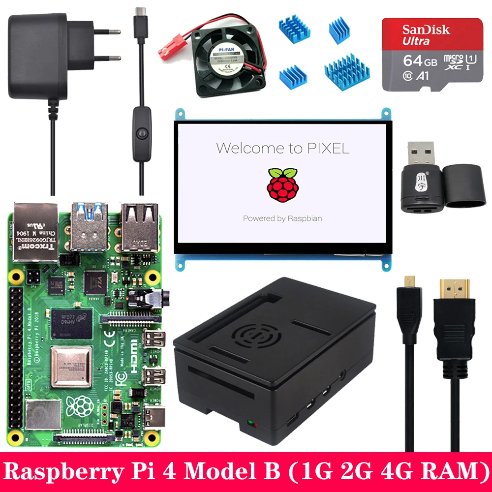 Raspberry Pi 4 Model B 1G 2G 4G RAM with 7 inch 1024*600 Touchscreen LCD Power Supply ABS Case SD C