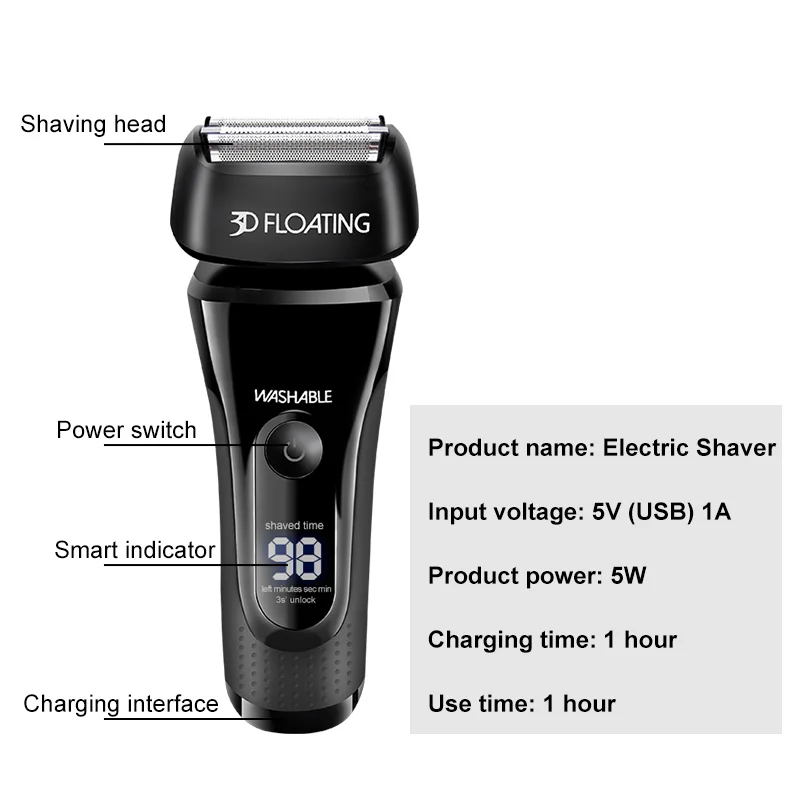 USB Rechargeable Electric Shaver 1 Hour Fast Charge Shaving Machine Men 3D Triple Floating Blade Razor Wet-Dry Dual Use Washable images - 6