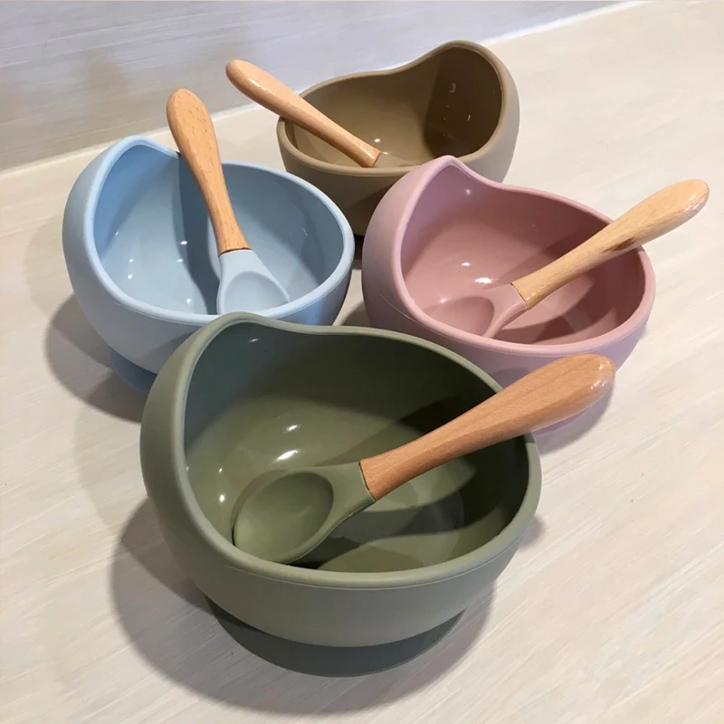 1 세트 실리콘 아기 먹이 그릇 식기 방수 숟가락 비 슬립 식기 BPA 무료 실리콘 요리 아기 그릇 아기 접시