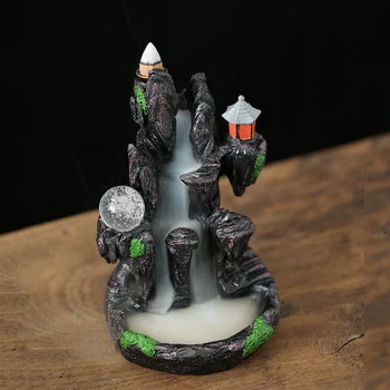 

Smoke Incense Burner Waterfall Flow Mountain Artificial Censer Holder LED Resin