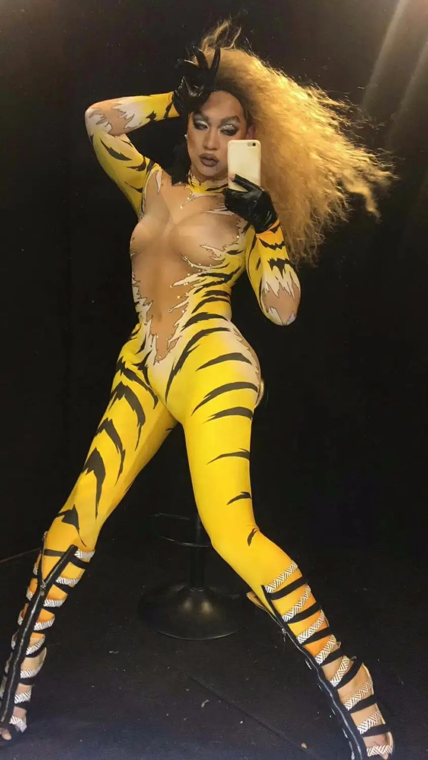 

DJ DS Singers Performance Jumpsuit Sexy Tiger Queen Nightclub Party Stage Wear Costume Sparkling Crystals Bodysuit Bling Outfit