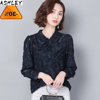 

Blouses Lace Ladies Ruffles Tops Stand Collar Flare Long Sleeve Hollow Out Floral Plus Size Elegant Spring Autumn Women Clothing