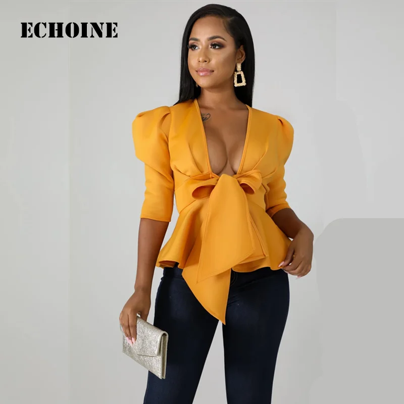 

Echoine Sexy Elegant Long Sleeve Women Shirt Top V-neck Bandage Bow Tie Slim Office Ladies Shirt Blouse Ruffle Blusas Feminina