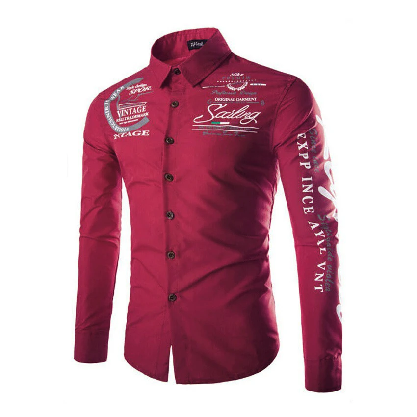 Men's Letter Print Long Sleeve Shirt Autumn New Casual Shirt spring fashion male clothing Tops Tees Free shipping - Цвет: Бургундия
