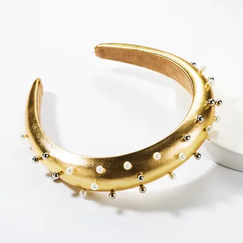

DUOJIAOYAN Personal Girls Headband Eur-America Composite Leather Hairband Inlaid Pearl Hair Accessories Punk Nail Bead Headwear