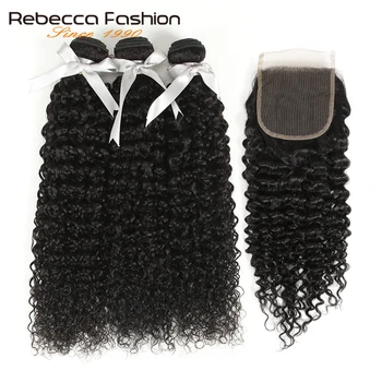 Rebecca Kinky Curly 3 Bundles With Closure Remy Human Hair Weave Extensions Brazilian Curly Hair Bundles With Closure 2