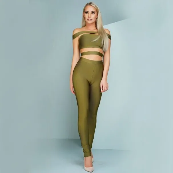 

Free Shipping OCS Exclusive New Arrival 2016 Women Sexy Black Off Shoulder Bandage Rayon Jumpsuit HL Olive green