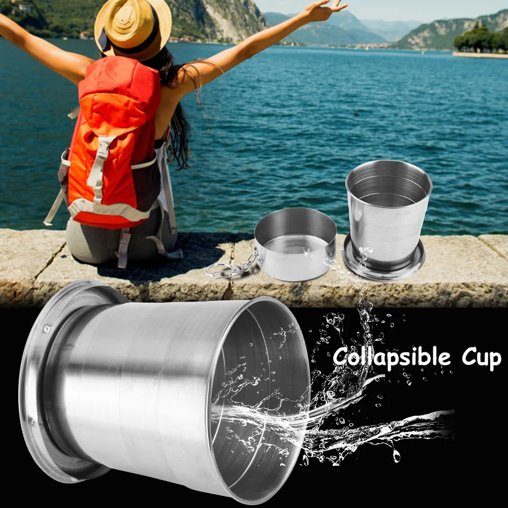 Household 60ml 150ml 250ml Stainless Steel Camping Folding Cup Portable Outdoor Travel Demountable Collapsible Cup With Keychain