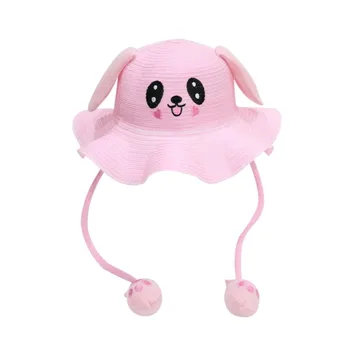 

4-10T Beach Straw Cap Bucket Hat Fashion Baby Cartoon Moving Rabbit Ears Sun Protection Gift Unisex Summer Outdoor
