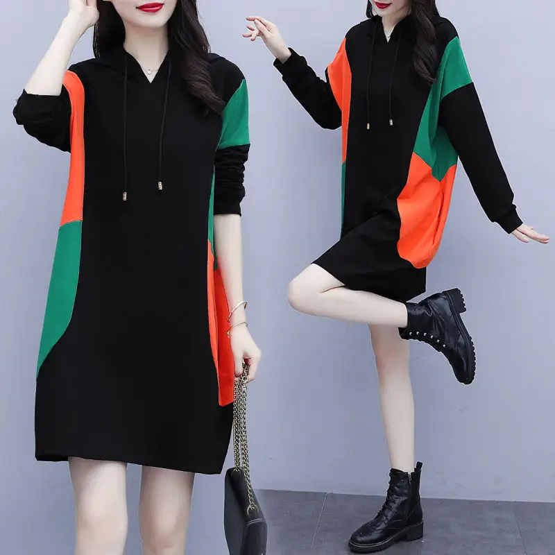 

Fat Sister Long-sleeved Mid-length Dress Spring and Autumn New Style Plus Fertilizer Plus Dalian Hat Simple Stitching Top Women