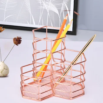 

Hexagonal Shaped Rose Gold Iron Hollow Makeup Brush Rack Stationery Organizer Desktop Multi-Function Storage Box for Office
