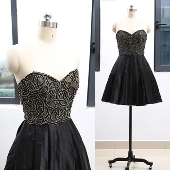 

MACloth Black Short Strapless Knee-Length Short Crystal Satin Prom Dresses Dress M 264213 Clearance