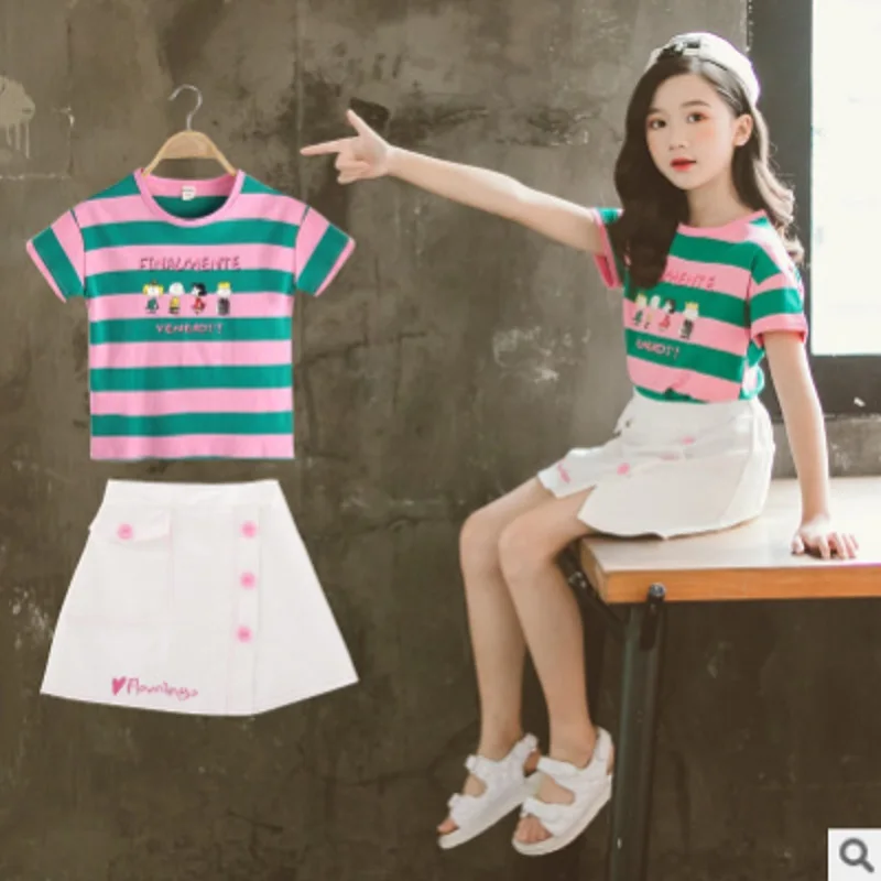 Армейский зеленый Юбка для девочек модный комплект одежды, новинка года, летние детские комплекты одежды милые детские комплекты в полоску, 2 цвета Size6-16 из 2 предметов, ly321 - Цвет: Армейский зеленый