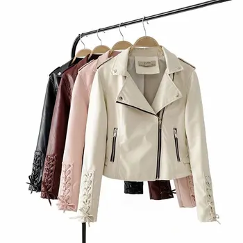 

Woah new AM1890-73 Euro-American Wind Lady's New Cuff Tie-line Zipper Locomotive Leather Coat PU Leather Coat Top