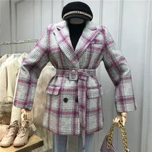 [EWQ] весеннее Новое теплое шерстяное пальто с контрастным поясом в клетку, корейский Свободный Женский блейзер с длинным рукавом, 3 цвета, QZ07501