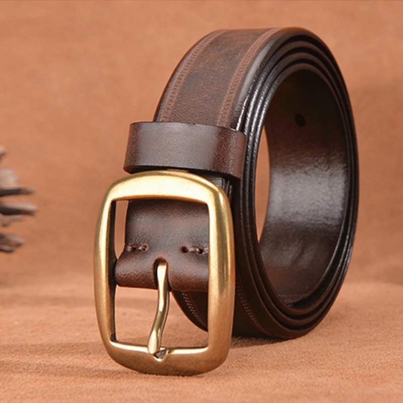 Luxury Men's Full Grain Leather Belt Pure Through Belt Buckle Retro Classic Handmade Casual Jeans Belt 1.3 Inch Khaki Brown