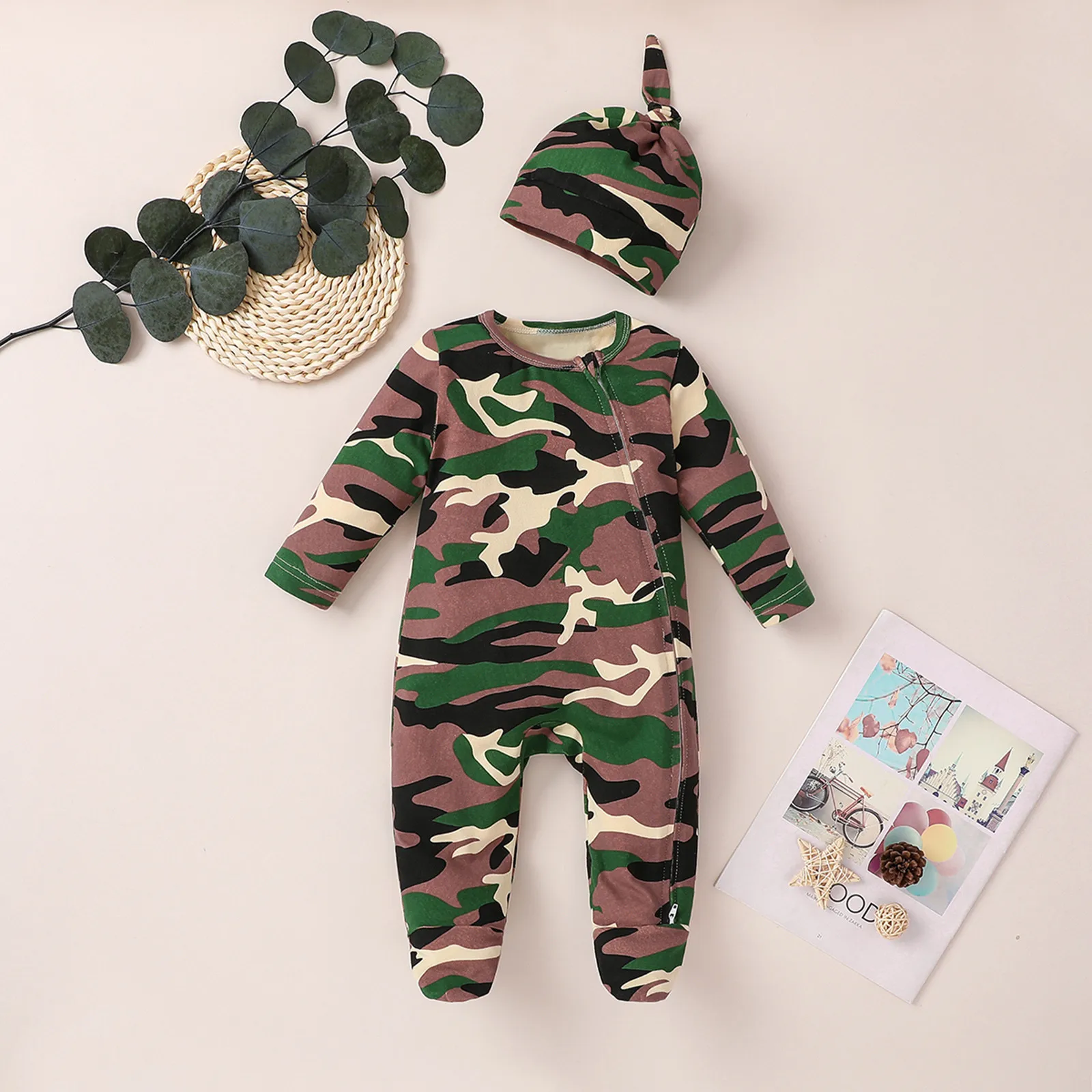 

0-18Months Newborn Infant Baby Boys Fashion Camouflage Zip Romper Jumpsuit Outfits+Hat baby born clothes Cool boy Casual warm M5