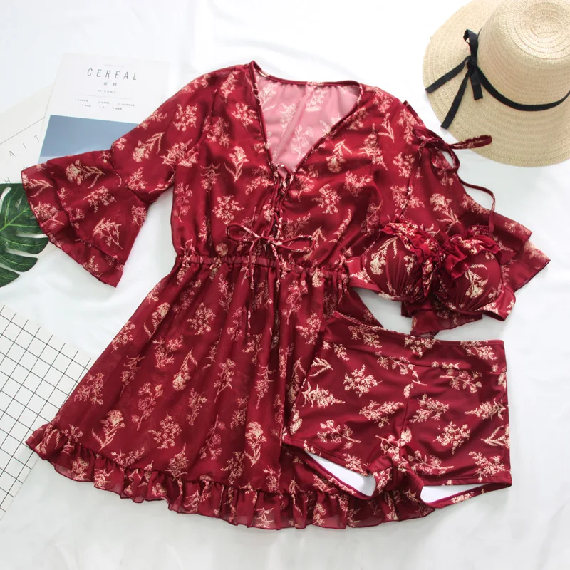 

Women Push Up Bikini Set Printed Bathing Suit with Cover Up Swimming Beachwear Summer Sexy Swimsuit Biquinis Female Swim Suits