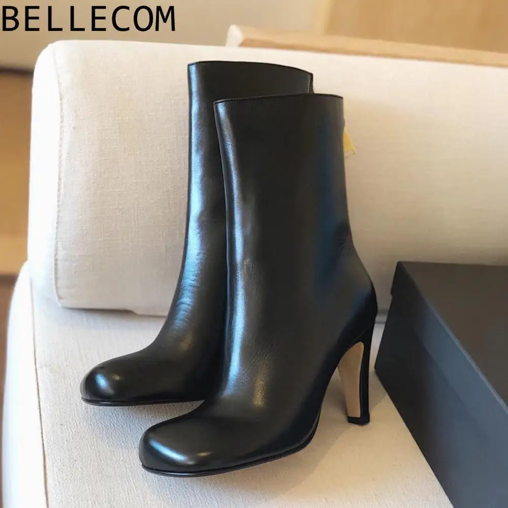 

BELLECOM High With Short Boots Women's Singles 2019 Back Zipper Coarse With Genuine Leather Small White Boots French Stovepipe