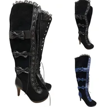 Модные сапоги в готическом стиле; женские Кожаные ботфорты; сапоги в готическом стиле; высокие сапоги; Кожаные Сапоги выше колена; черные сапоги на шнуровке;# G3