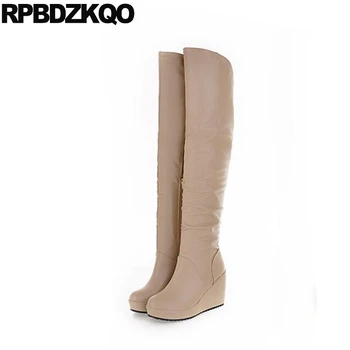 

fashion round toe chinese knee high shoes slim side zip boots winter women waterproof over the heel wedge beige long platform