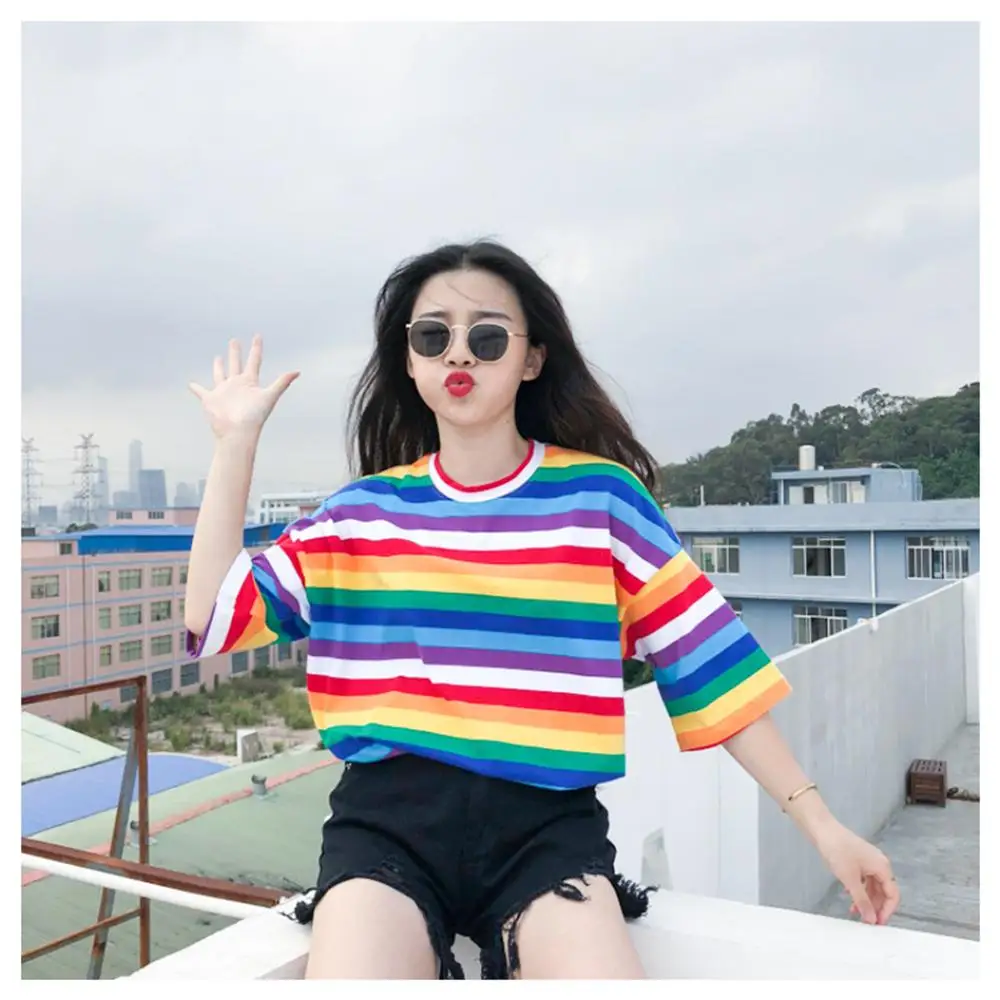Горячая Футболка женская Радужная полосатая футболка 2019 летняя Корейская