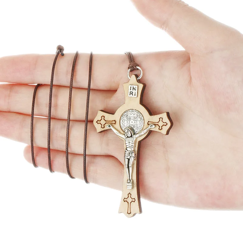 Религиозное натуральное дерево Святого Бенедикта подвесной крест с распятием ожерелье для мужчин регулируемый кожаный канат цепи CSPB INRI ювелирные изделия