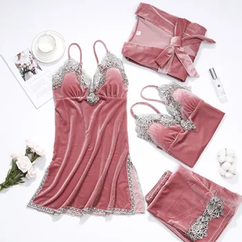 

Velvet Kimono Robe Set Gown Sexy 4pcs Lace Sleepwear Intimate Lingerie Soft Bride Bridesmaid Home Dress 2020 New Women
