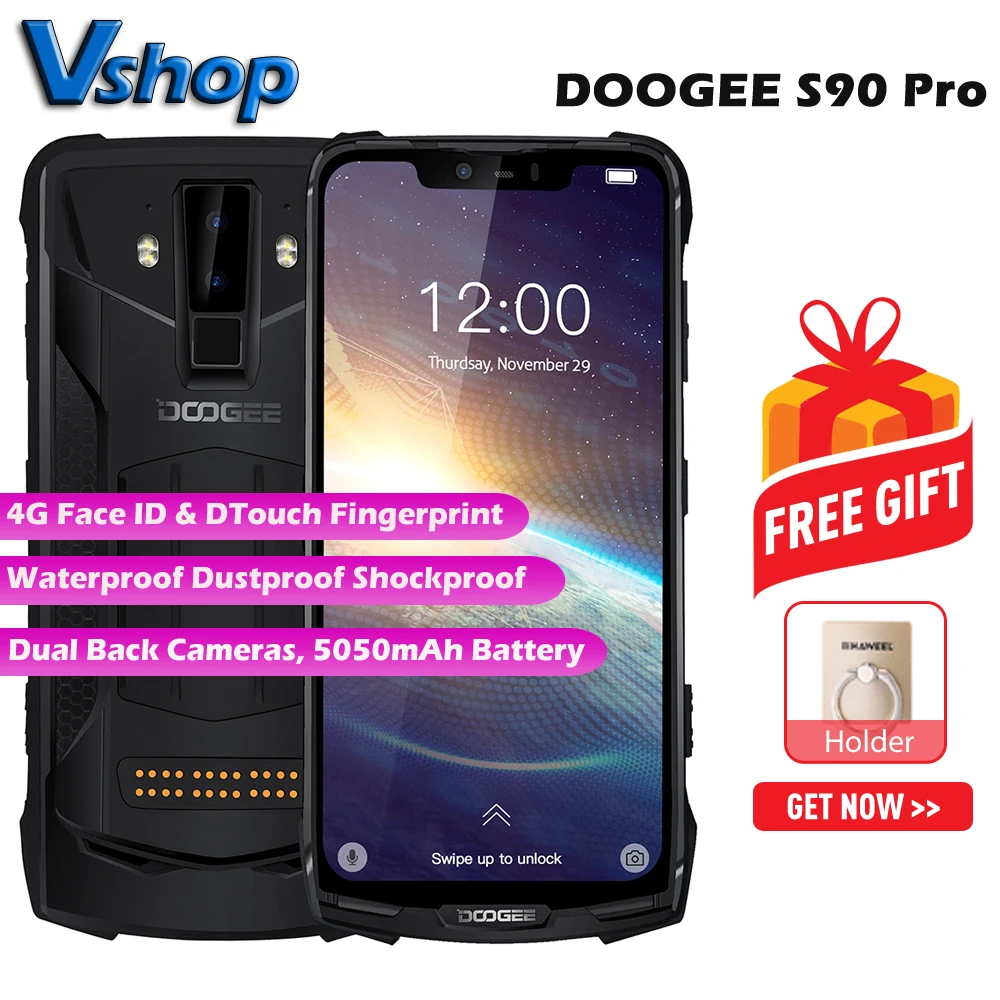 Смартфон DOOGEE S90 Pro защищенный 6 + 128 ГБ IP68/IP69K Face ID и DTouch Android 9 0 Pie MTK677 4G NFC две SIM