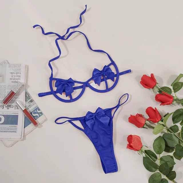Lencería Sexy de encaje con lazo, sujetador con anillo acero, Tanga, conjunto de erótica, sujetador recortado, lencería Sexy, disfraces exóticos para Mujer|Picardías y camisones| - AliExpress
